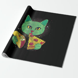 Papel De Regalo Gato Con Pizza Slice Y Taco En El Espacio