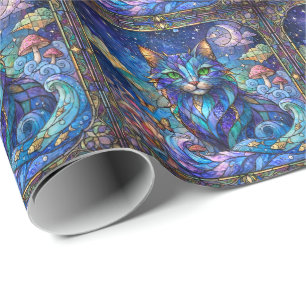 Papel De Regalo Gato Cósmico Vidrio Emplomado Surrealista Ojos Ver