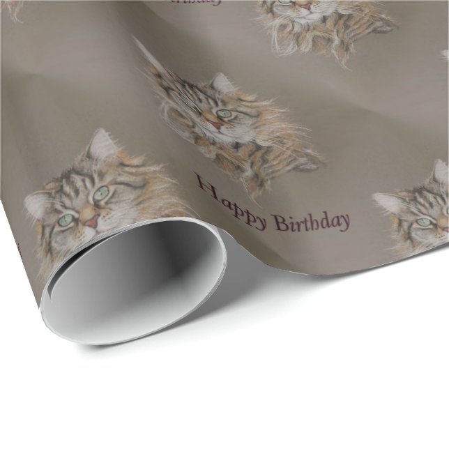 Papel De Regalo gato, cumpleaños del tabby del longcoat feliz (Esquina del rollo)