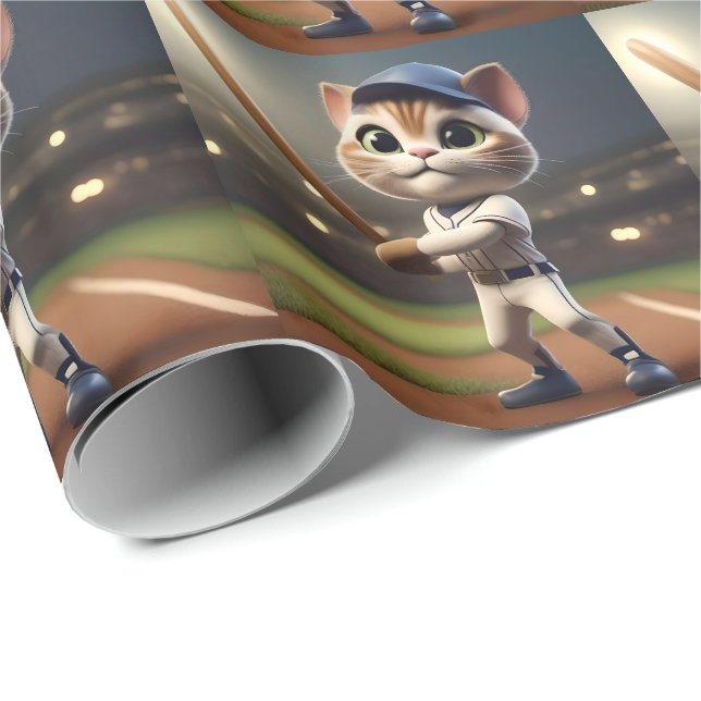 Papel De Regalo Gato De Béisbol Gracioso En 3D, (Esquina del rollo)