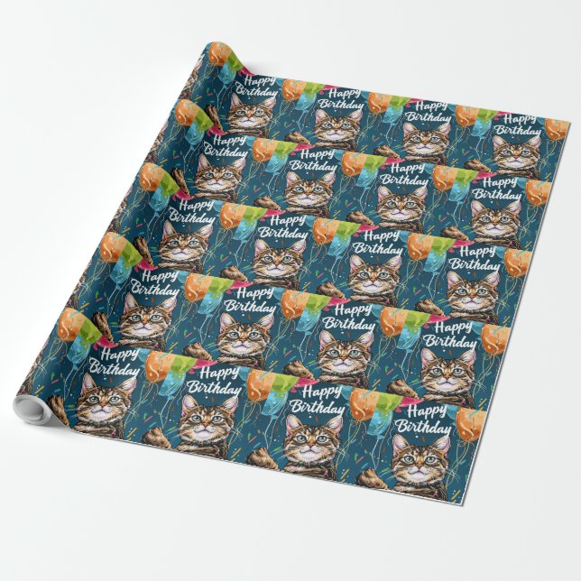 Papel De Regalo Gato de Bengala con globos (Desenrollado)