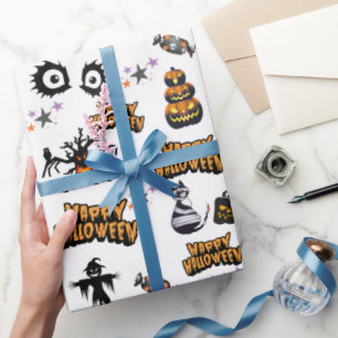 Papel De Regalo Gato de calabaza de ojos de Halloween con miedo bl