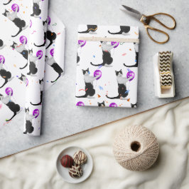 Papel De Regalo Gato de cumpleaños con globo y confetti