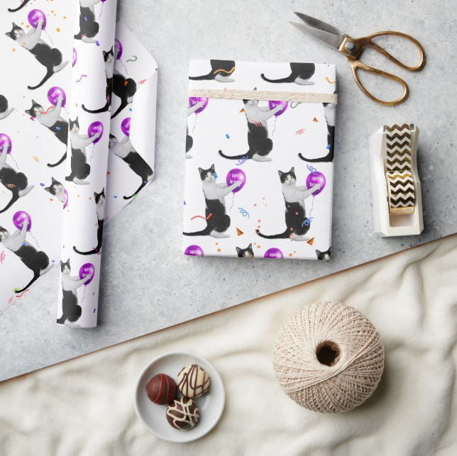 Papel De Regalo Gato de cumpleaños con globo y confetti (Artesanía)