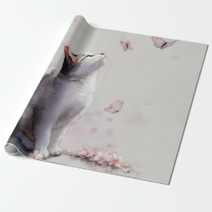 Papel De Regalo Gato de flor de cerezo y mariposas (13)