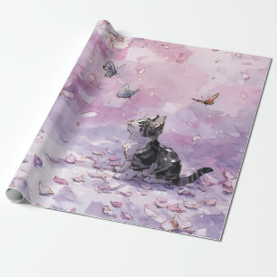 Papel De Regalo Gato de flor de cerezo y mariposas (5)