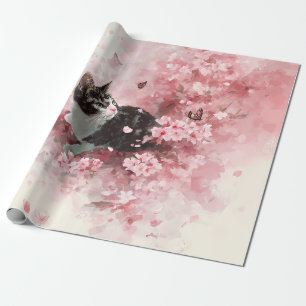 Papel De Regalo Gato de flor de cerezo y mariposas (8)