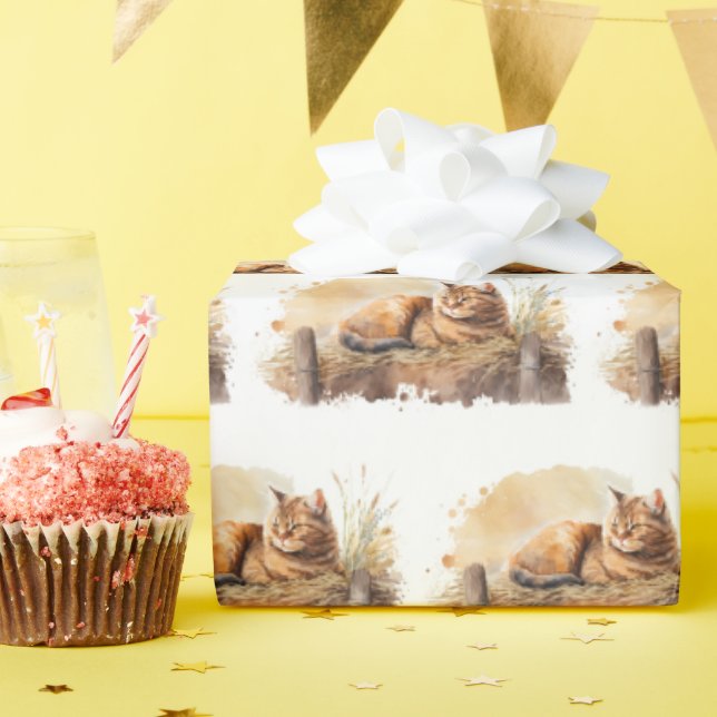 Papel De Regalo Gato De Garganta De Acuarela En Hay (Fiesta de cumpleaños )