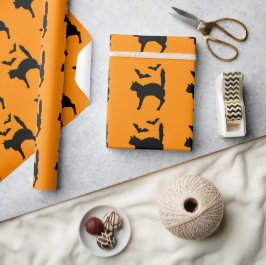 Papel De Regalo Gato de Halloween Asustado y Silueta de Murciélago