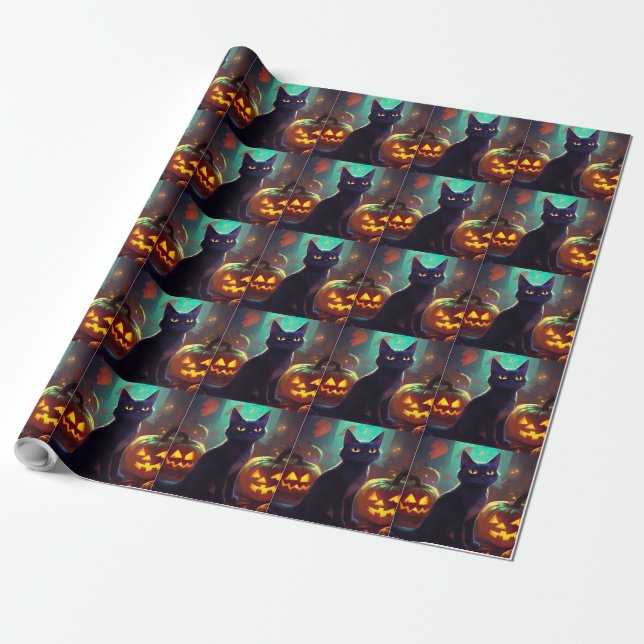 Papel De Regalo Gato de Halloween Tuxedo con calabazas aterradoras (Desenrollado)