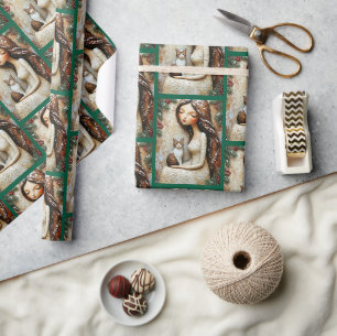 Papel De Regalo Gato de Navidad Caprichoso Arte Doncella de Invier