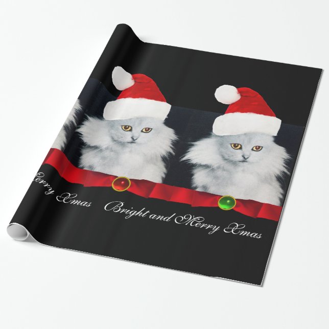 PAPEL DE REGALO GATO DE NAVIDADES BLANCOS, GORRA SANTA CLAUS Y RIB (Desenrollado)