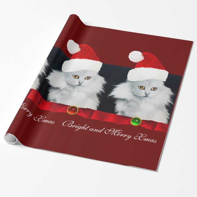 PAPEL DE REGALO GATO DE NAVIDADES BLANCOS, GORRA SANTA CLAUS Y RIB (Desenrollado)