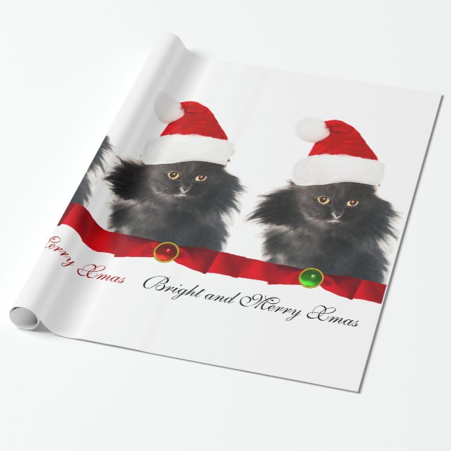 PAPEL DE REGALO GATO DE NAVIDADES NEGROS, GORRA SANTA CLAUS Y RIBB (Desenrollado)