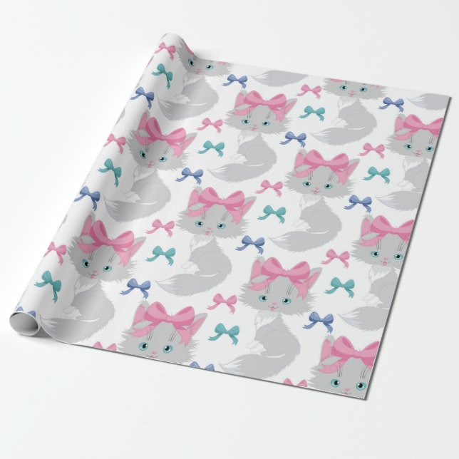 Papel De Regalo Gato de Navidades ondulados con arco rosado (Desenrollado)