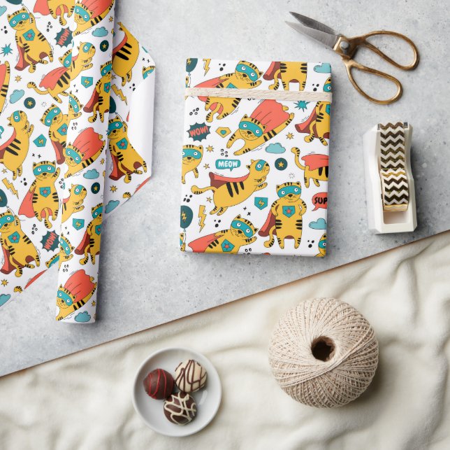 Papel De Regalo Gato de superhéroe gracioso (Artesanía)