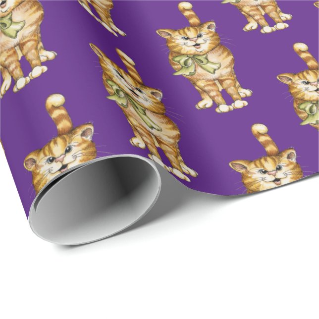 Papel De Regalo gato de tabby sobre morado (Esquina del rollo)