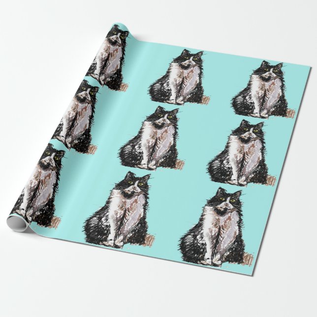 Papel De Regalo Gato de Tuxedo Gatos Negro y Blanco Aqua turquesa (Desenrollado)