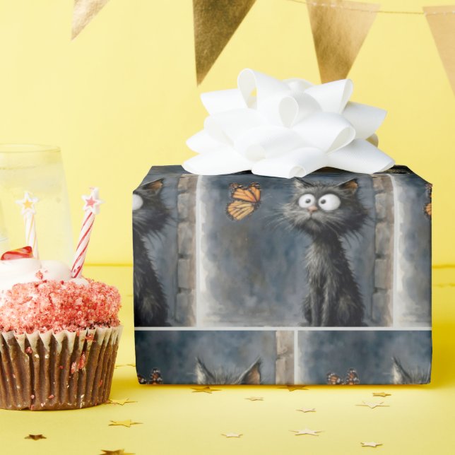 Papel De Regalo Gato despeinado mirando a una mariposa (Fiesta de cumpleaños )