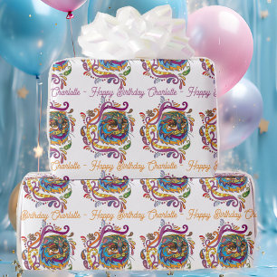 Papel De Regalo Gato Doodle Colorido Cumpleaños Añadir Nombre Salu