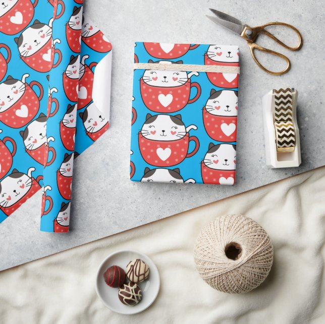 Papel De Regalo gato en una taza de té roja (Artesanía)