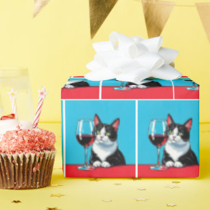 Papel De Regalo Gato Esmoquin con Vaso de Vino Tinto