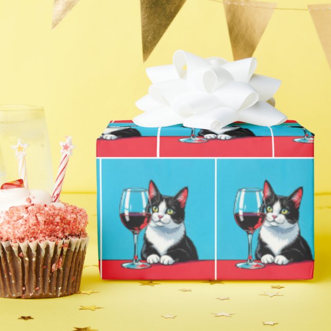 Papel De Regalo Gato Esmoquin con Vaso de Vino Tinto (Fiesta de cumpleaños )