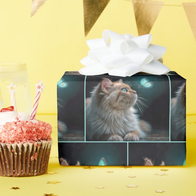 Papel De Regalo Gato Fluffy Con Mariposa De Neón (Fiesta de cumpleaños )