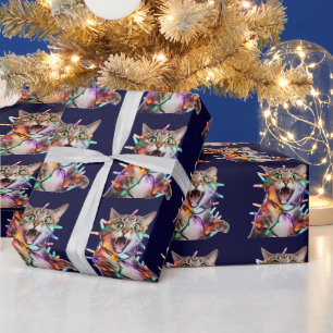 Papel De Regalo Gato gracioso enredado en luces Navidades