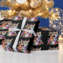 Papel De Regalo Gato gracioso enredado en luces Navidades