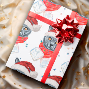 Papel De Regalo Gato Gris Adorable Acuarela con Bufanda y Sombrero