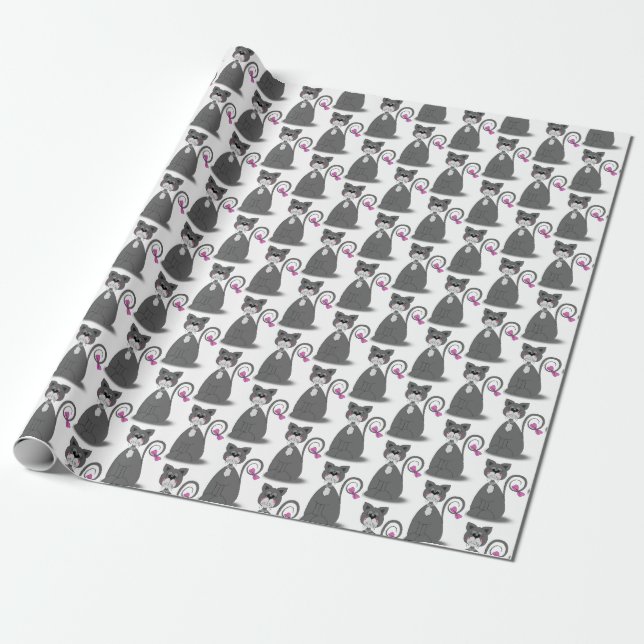 Papel De Regalo gato gris con arco rosa (Desenrollado)