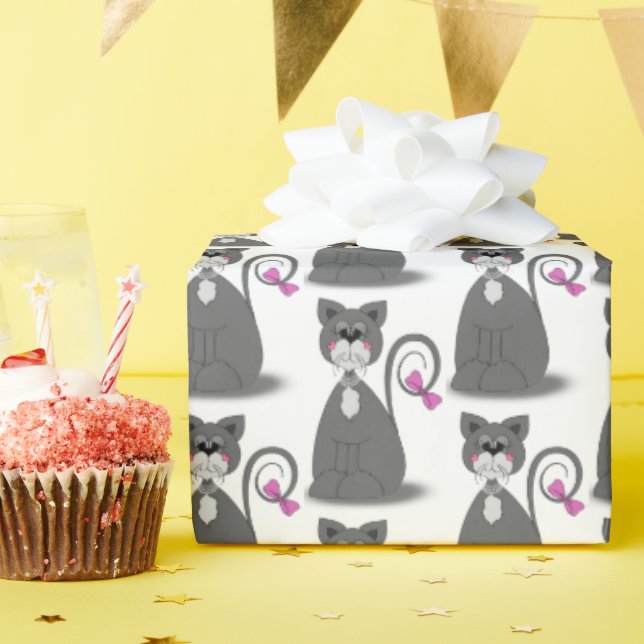 Papel De Regalo gato gris con lazo rosa (Fiesta de cumpleaños )