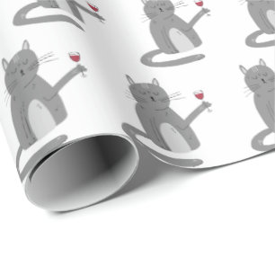 Papel De Regalo Gato Gris Con Vino Rojo