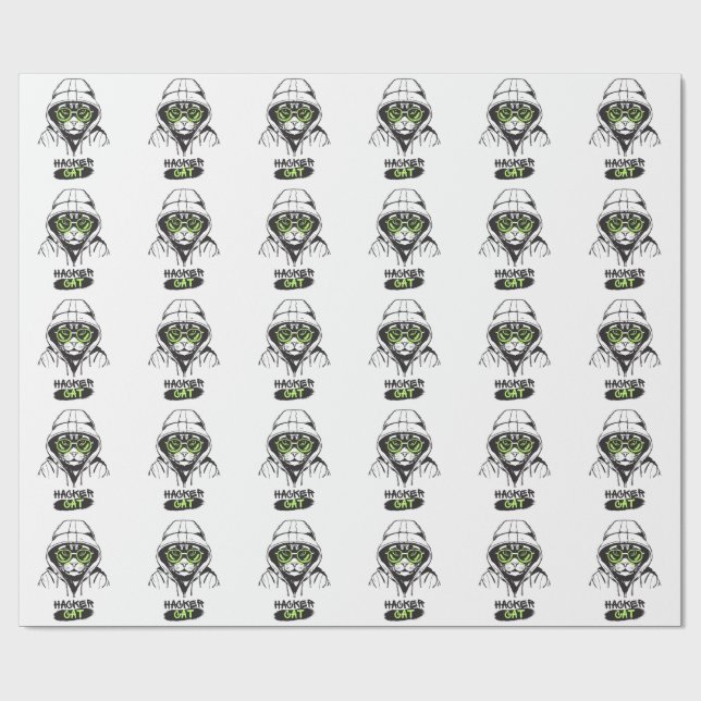 Papel De Regalo Gato Hacker Cibergamer Coder Tecnología Divertida (Superficie plana)