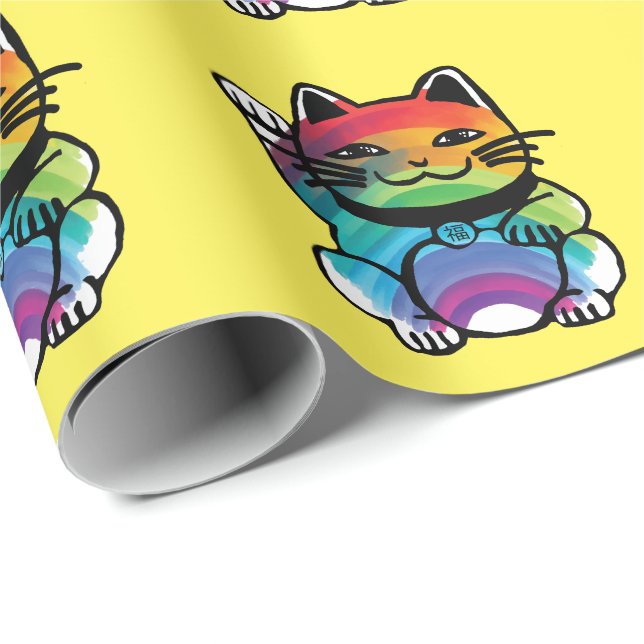 Papel De Regalo Gato japonés de buena suerte con arcoiris (Esquina del rollo)