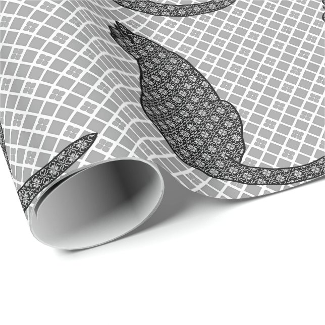Papel De Regalo Gato japonés - impresión blanco y negro del kimono (Esquina del rollo)