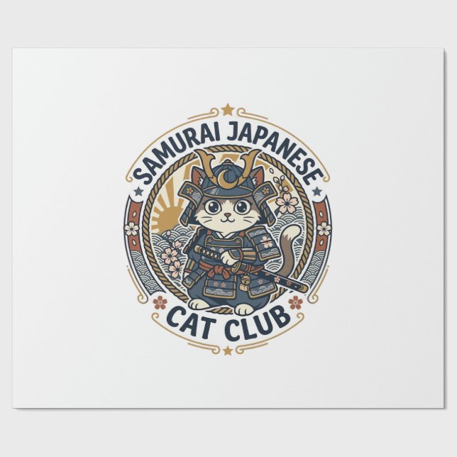 Papel De Regalo Gato Japonés Samurái Arte Vectorial POD - Samurái  (Superficie plana)