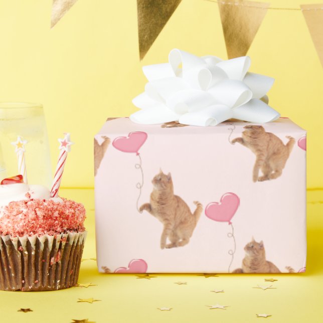 Papel De Regalo Gato jengibre con globo rosa (Fiesta de cumpleaños )