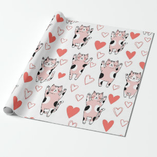 Papel De Regalo Gato Kawaii y Patrón de San Valentín de Corazones 