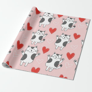Papel De Regalo Gato Kawaii y Patrón de San Valentín de Corazones