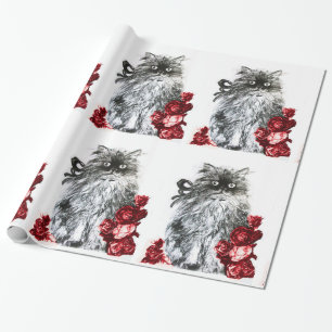 Papel De Regalo GATO KITTY /KITTEN CON ROSAS ROSAS ROJAS Blanco Ne