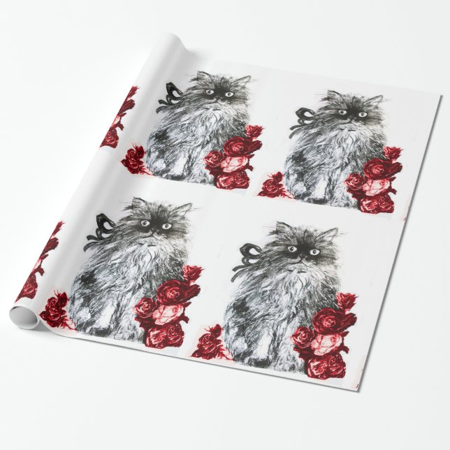 Papel De Regalo GATO KITTY /KITTEN CON ROSAS ROSAS ROJAS Blanco Ne (Desenrollado)