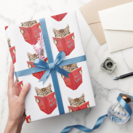 Papel De Regalo Gato leyendo libro rojo