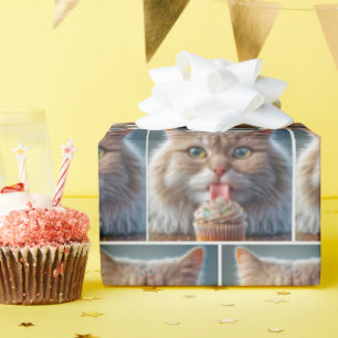 Papel De Regalo Gato Licando Un Pastel De Cumpleaños