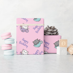 Papel De Regalo Gato lindo de cumpleaños en la taza rosa