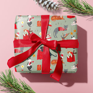 Papel De Regalo Gato lindo Navidad Retro Vintage Verde