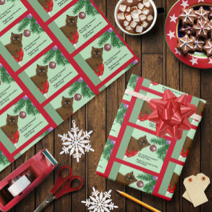 Papel De Regalo Gato marrón de Navidad divertido verde juguetón hu