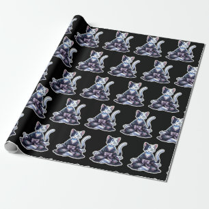 Papel De Regalo Gato Místico Meditando en Kimono Floral Negro