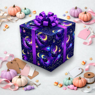 Papel De Regalo Gato Místico Púrpura Cósmico de Halloween